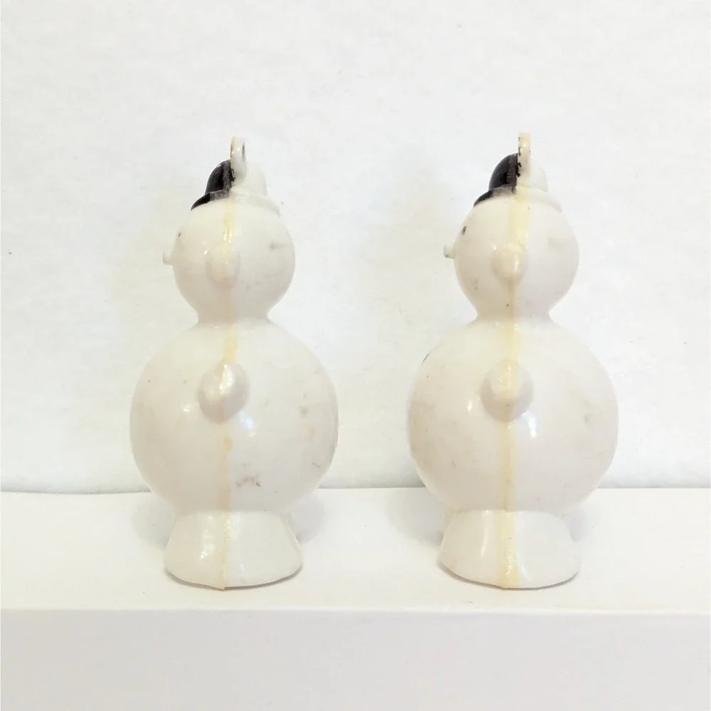 Vintage Allied Hard Plastic Snowman Christmas Ornament Set Of 2 White 1950's